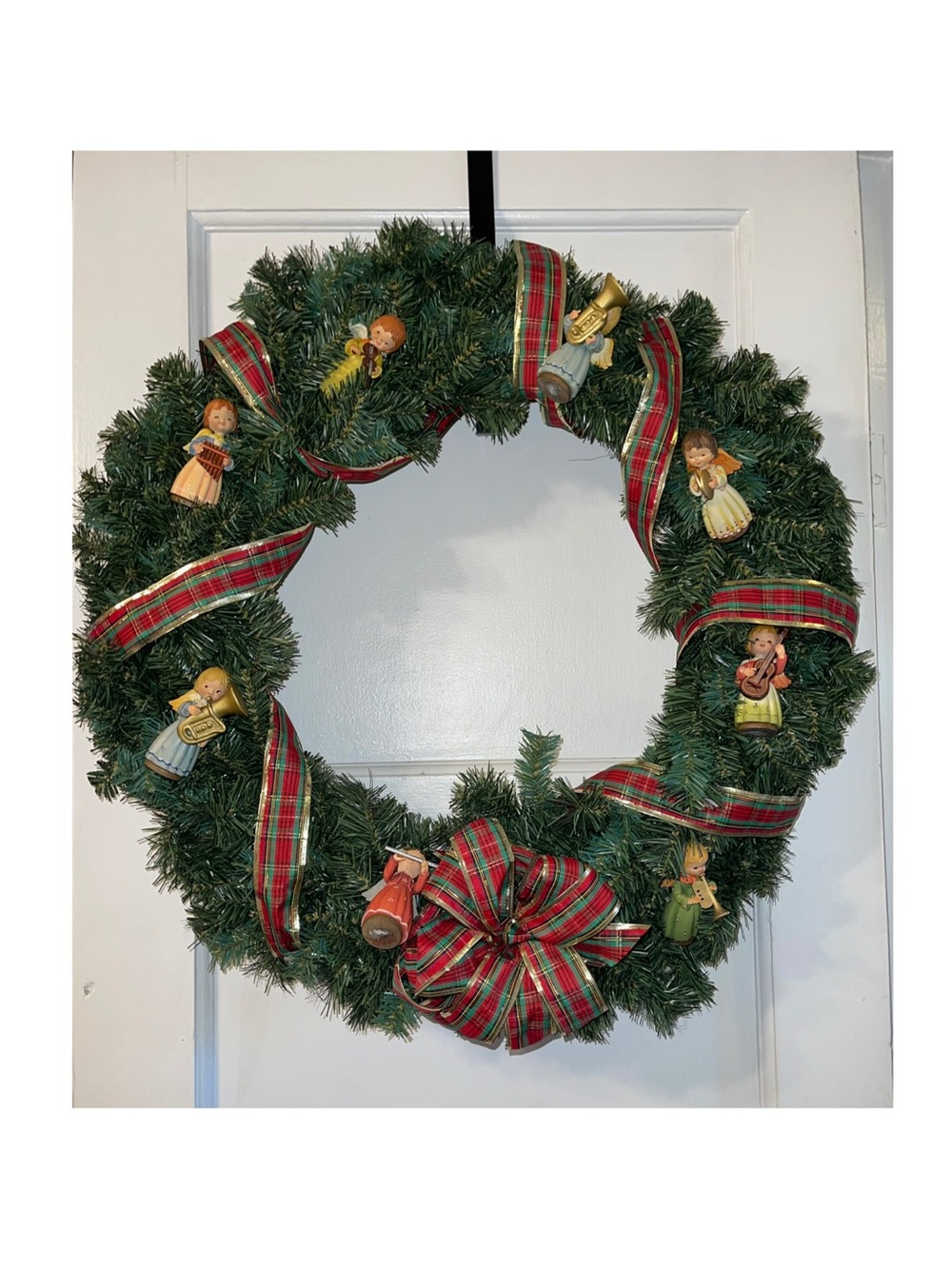Festive Green Christmas 24 Inch Wreath with Red Plaid Ribbon and Angel Ornaments